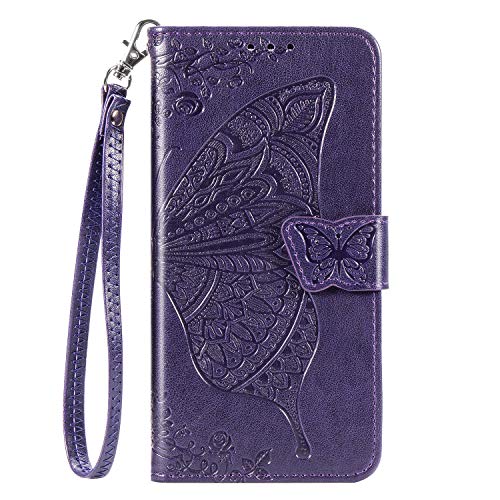 Haotp T02105280 Wallet Case For Iphone 12/12 Pro,Pu Leather Protective Phone Case Wrist Strap Card Slots Holder Pocket Emboss Butterfly Flower Stand Flip Case thumb #1