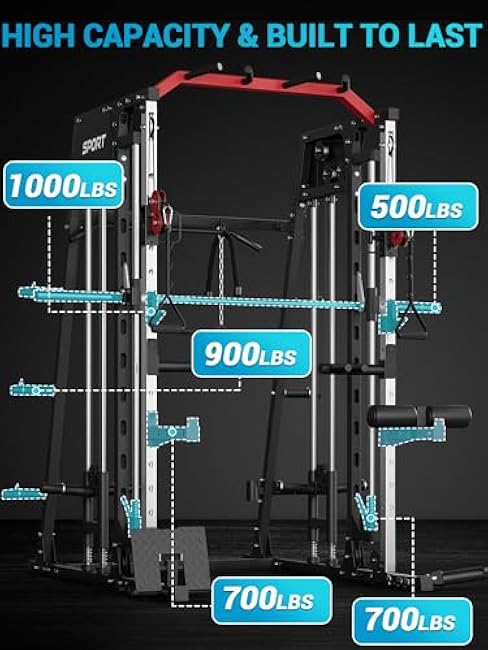 Smith Machine with Cable Crossover System for Home Gym,2200lbs Multi-Function Squat Rack Power Cage,All-in-One Fitness Equipment with LAT Pull-Down & Dual Pulley System & Leg Hold-Down Attachment