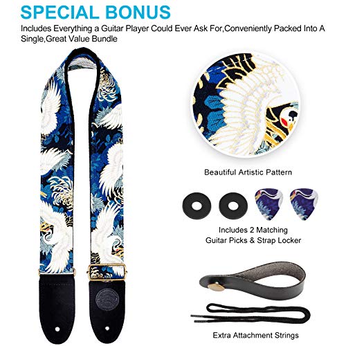 Himalaya Guitar Strap Crane Japanese Traditional Pattern Tsuru Canvas Cotton W/Free Bonus- 2 Picks + Strap Locks + Strap Button. For Bass, Electric & Acoustic Guitars. An Awesome Gift #TOP3