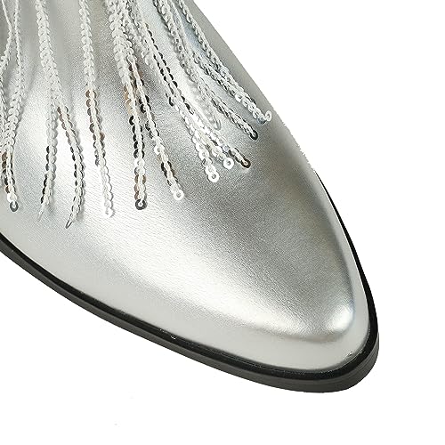 HiColor women's leather-like thick-heeled western pointed booties Black tassels & sequins decorated fashionable boots3