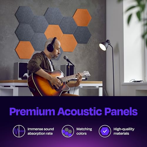 Image of Acoustic Panels 12-Pack - 12 inchX10.4 inchX0.4 inch Sound Panels - High Density Sound Dampening - Pebble Gray Hexagon