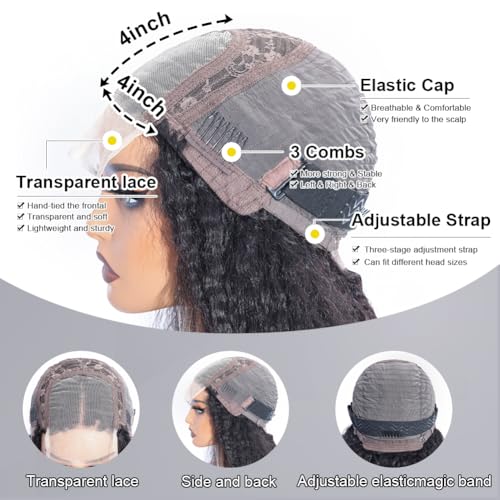 Image of Kinky Straight Human Hair Wig 4x4 Transparent Lace Closure Kinky Straight Wigs 180% Density Yaki Glueless Wigs Human Hair for Black Women Natural Black (24inch)