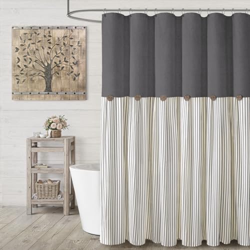 XOGUIBO Farmhouse Shower Curtain Linen Grey Button Woven Fabric Country Rustic Western, Pleated Grey Stripe 72" W x 72" L