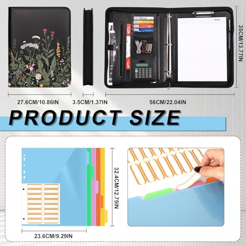 Image of Eshow padfolio Portfolio Binder - 3 Ring Binder with Zipper, Vegan Leather | Includes 5 Colorful Sheet Protectors for Documents & Diles, 1 Pen, and 1 A4 Notepad, Designed for Women and Men
