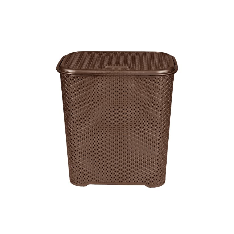 Laundry Basket With Lid Virgin Plastic Small 45L Litre Laundry Drop All Knit Design Hamper Storage Washing Basket Dirty Clothes Baskets with Handles Bin for Bathroom Bedroom 43 x 27 x 44cm (Brown) โ image 1