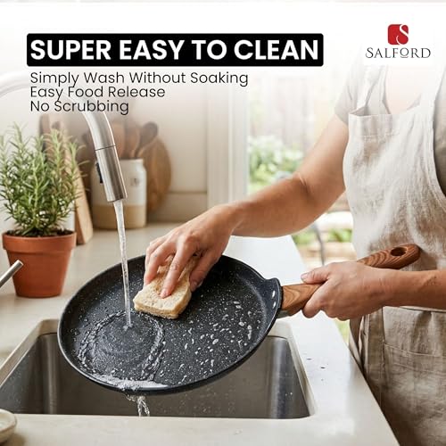 Image of SALFORD Forged Non-Stick Tava | 26 cm | Gas & Induction Base | Non-Toxic PFOA Free Coating | 1Y Warranty | Roti, Dosa, Pancake, Chilla | Wooden Finish Handle | Black Marble