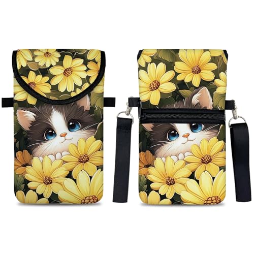 Image of Neoprene Cell Phone Sleeve Pouch Case Bag with Crossbody Strap Neck Lanyard for Women 7.5 X 4.3 in Sunflower Cat