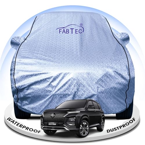 Image of FABTEC Metallic Silver Waterproof Car Body Cover for Mg Hector Sun, UV and Dust Protection with Mirror Pocket (Reflective Silver with Black Piping)