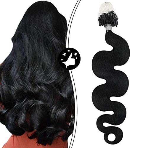 Moresoo Micro Loop Human Hair Extensions 22 Inch Loop Ring Hair Cold Fusion Body Wave Loop Hair Extensions Color # 1 Jet Black Wavy Hair Micro Beads Remy Hair Extensions 50s 50g