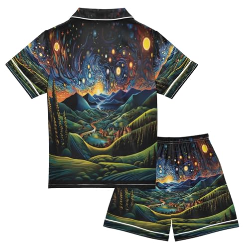 ALAZA Mountain Landscape Starry Night Satin Pajamas Set Short Sleeve Button Down Sleepwear Summer Pjs 2 Piece2