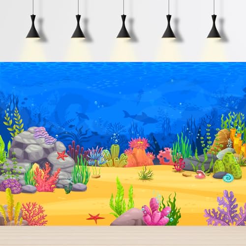 Image of Under The Sea Aquarium Background Blue Ocean Under Water World Fish Tank Background Cartoon Undersea Floor Coral Reef Terrarium Backgrounds Shark Turtle Theme Aquarium Backgrounds 36x18in