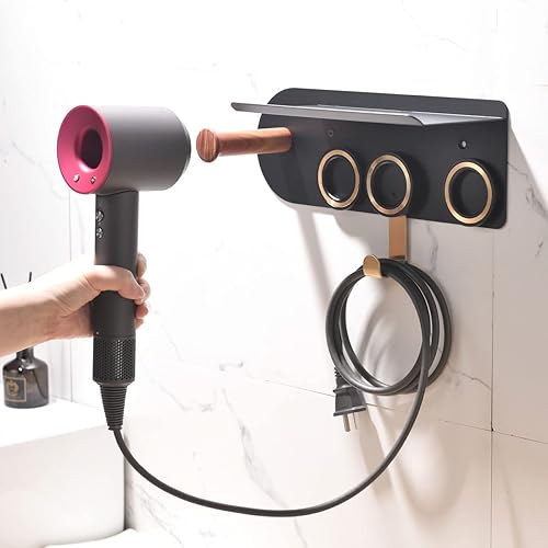 Miniatura 4 de simpletome Organizador de montaje en pared 2 en 1 para secador de pelo Dyson Supersonic con estante de almacenamiento (negro)