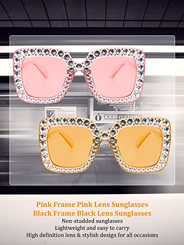 Frienda 2 Pieces Oversize Square Sparkling Sunglasses Retro Thick Frame Sunglasses for Women4