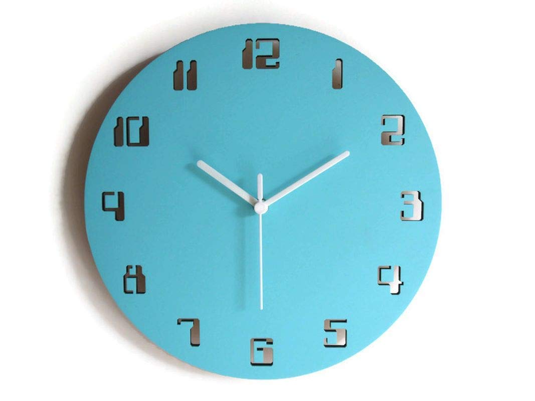 11" Geek small wooden quiet wall clock with digital numbers of vintage computers for entry in many colors as turquoise blue No ticking wood design tiny silent clocks Unique little no frame frameless