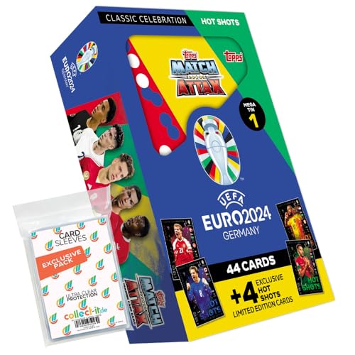 Paquete con Match Attax UEFA Euro 2024 Germany – 1 caja de lata Hot Shots + fundas exclusivas Collect-it