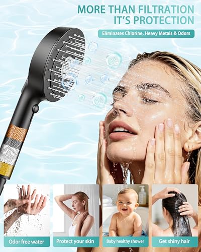 Image of Filtered Shower Head with Handheld - High Pressure 7 Spray Mode 5 inch Panel Detachable Chrome Showerhead, Hard Water Filter Beads Showerhead, Reduce Dandruff, Protect Colored Hair and Soothe Dry Skin