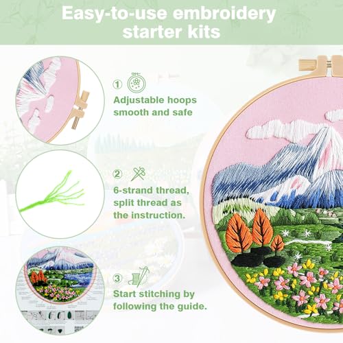 Image of RidaaFri Embroidery Kit for Beginner, Set of 3 Floral Mount Sunshine Pattern DIY Kits for Adults & Starter, Hand Embroidery Practice Set with Step-by-Step Video Tutorial, Includes Hoop, Needles, Floss