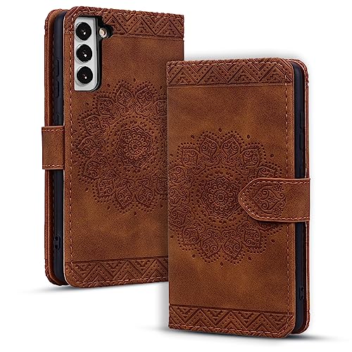 Image of Flip Case for Samsung Galaxy S21 6.2 Inch Cover, Durable PU Leather Mandala Embossed Case with Magnetic Clasp Wallet Phone Cover for Galaxy S21 6.2 inch - Brown