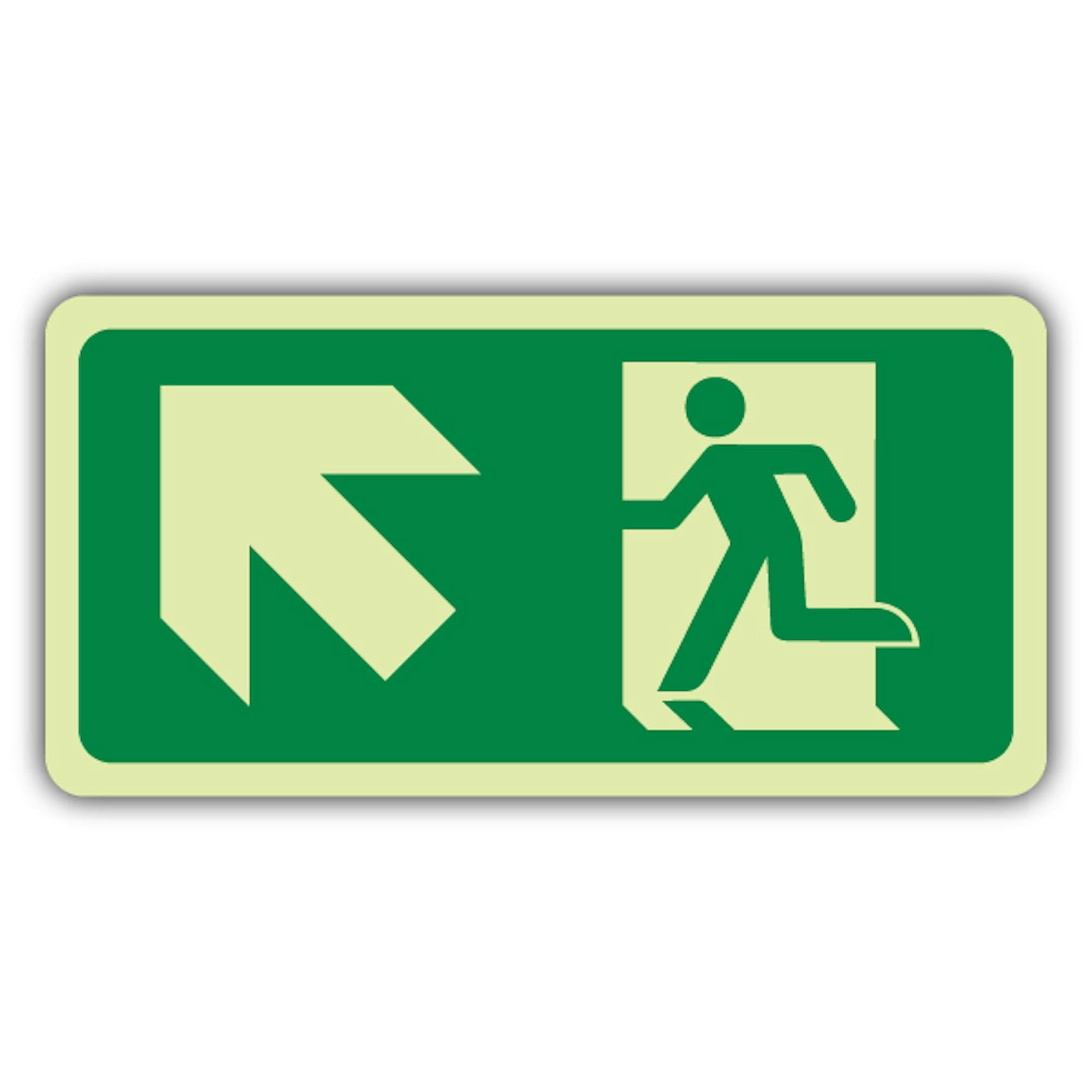 V Safety - Señal de seguridad que brilla en la oscuridad, con texto en inglés "Fire Exit Man Running Up", 600 x 300 mm, hecha de plástico rígido de triple brillo, señalización de seguridad contra