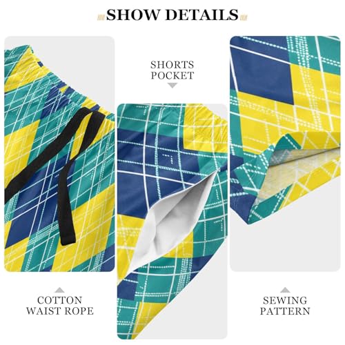 Blue Yellow Plaid Mens Pajama Shorts Lounge Pajamas for Men Sleep PJ Shorts Sleepwear, S4