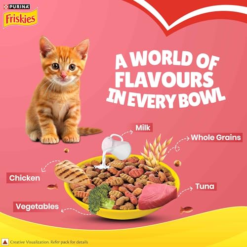 Image of FRISKIES Kitten Discoveries Kitten Food, Tuna Chicken Milk Vegetables & Whole Grain Flavours, 1kg Packet, Granule (Pack of 2)