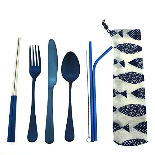 Gugrida 7pcs Reusable Lunch Cutlery Set, Stainless Steel Knife Fork Spoon w/Straws Brush, Travel Camping Flatware Set Utensils, Mirror Chopsticks Metal Drinking Straws for Tumblers Beverage(Blue)