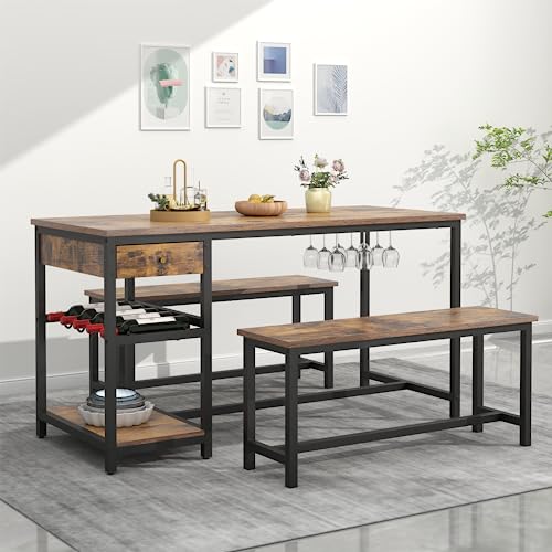 Auromie Dining Table Set for 4-6 People, 54.7" Kitchen Dinner Table with 2 Bench, Dining Room Tables Set with Storage Drawer & Shelf, 3-Piece Breakfast Nook Tables with Wine Rack &Glass Holder (Brown)