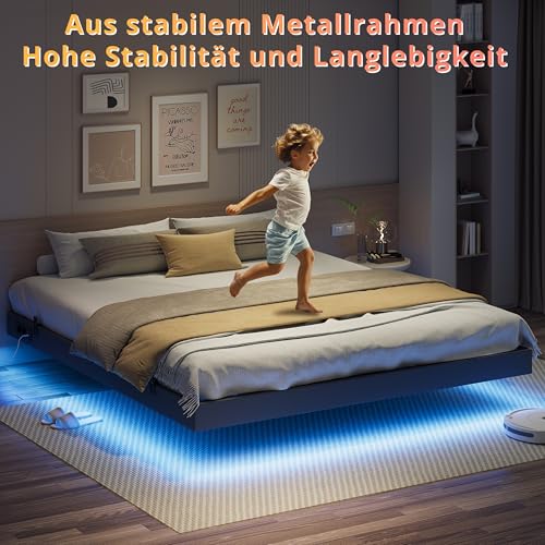 IRONCK Bett 180x200 mit LED Beleuchtung und Ladestation, Bettgestell 180x200 mit Stauraum, Floating Bed Frame, Bettrahmen 180x200cm, Jugendbett, Metallbett mit Lattenrost Doppelbett, Grau