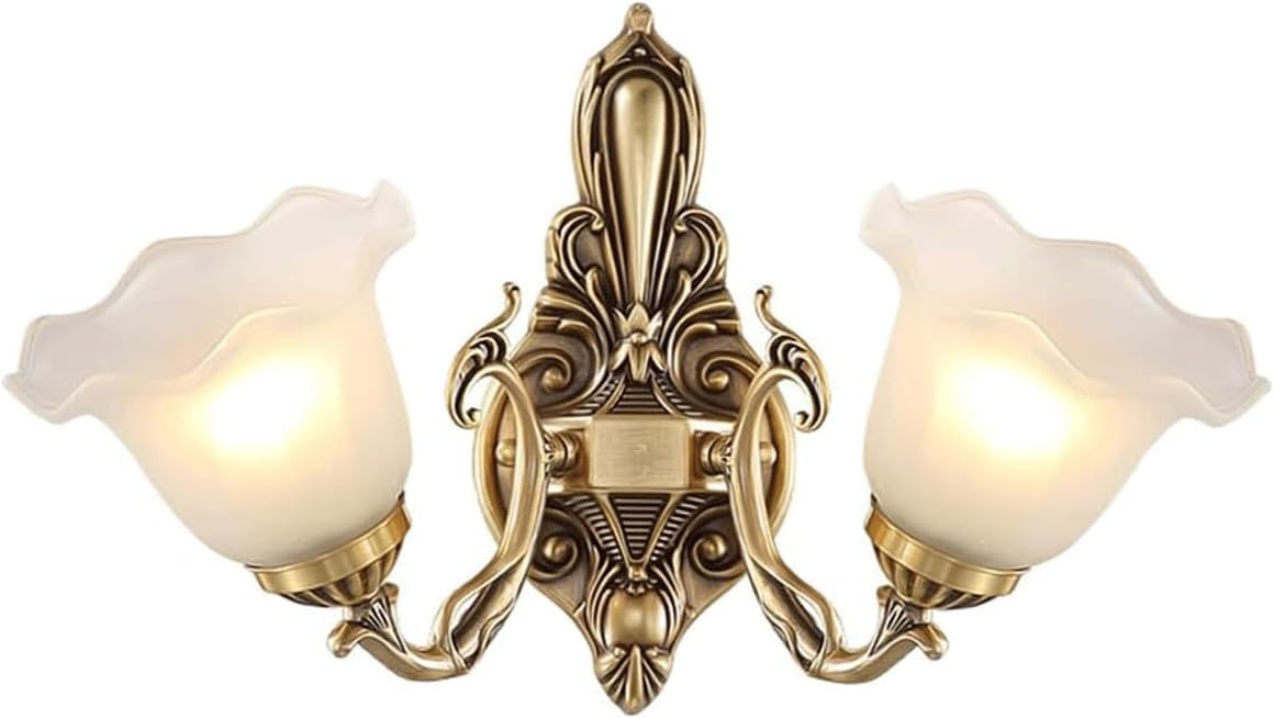 HUAYUSEDF American Style All-Copper Wall Lamp Bedside Decorative Sconces Light with Milk White Glass Lampshade Mounted Luxury Creative European Art E26/E27 Base