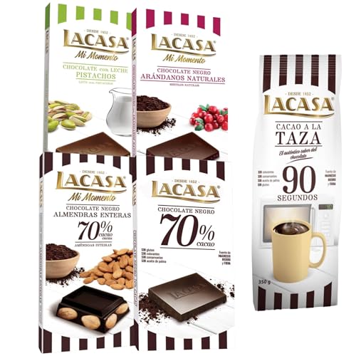 Lacasa pack de 5 tabletas de chocolate de diferentes sabores:taza 350g, arándanos,leche pistacho 90g,negro, almendra 200g