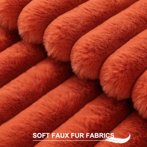 Image of Pallene Faux Fur Plush Fall Throw Pillow Covers 12x20 Set of 2, Luxury Soft Fluffy Striped Decorative Pillow Covers for Sofa, Couch, Living Room, Rust