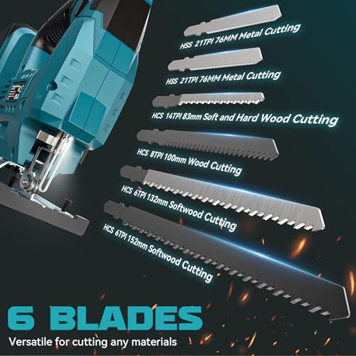 Image of Ecarke Cordless Jig Saw Compatible With Makita 18V Battery, 4 Orbital Sets, 6 Variable Speeds Control, Dust-Blowing, ±45 Bevel Cuts, LED Light and 6PCS Blades For Straight Curve Cutting, Tool Only