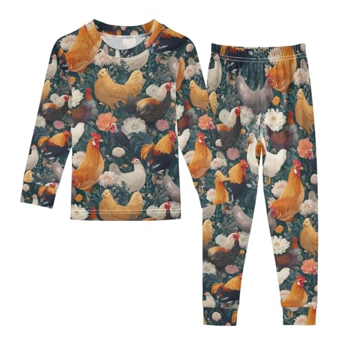 ALAZA Rooster Hen Flower Blossom Floral Pajamas Long Sleeve Sleepwear 2-Piece Pajama Set