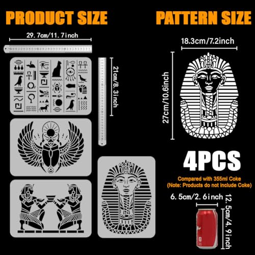 FINGERINSPIRE 4 Pcs Egypt Painting Stencil 21x29.7cm Egyptian Writing Egypt Pharaoh Drawing Template Scarab Tutankhamun Masque Egyptian Symbol Stencil for Painting on Wood Wall Fabric Furniture - Image 2