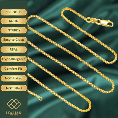 REAL Solid 10K Yellow or White Gold 0.50mm - 1.3mm Diamond-Cut Square Mirror Box Veneziana Chain Necklace with Lobster Claw Clasp | Multiple Lengths Available | Men Women | MADE IN ITALY2