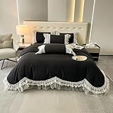 MOOWOO Chic Ruffle Lace Polyester Duvet Cover Set -Girl Red Bedding-3 Piece Queen Duvet Cover with Zipper Closure -Ultra Soft and Light Weight (Black,Queen)