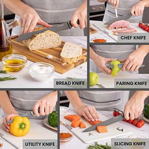 Nuovva Professional Kitchen Knife Set – 5Pcs Grey Kitchen Knives – Stainless Steel Granite Non Stick Blades – Chefs, Filleting, Bread, Paring And Utility Knives #TOP3