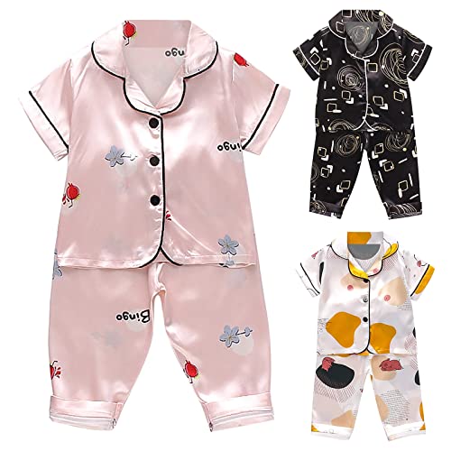 Toddler Baby Satin 𝐏ajamas Boy Girl Button Down Sl𝐞epwear Long Sleeve 2 Piece Silk 𝐏js Set Cute Cartoon Kids 𝐋ounge Set4