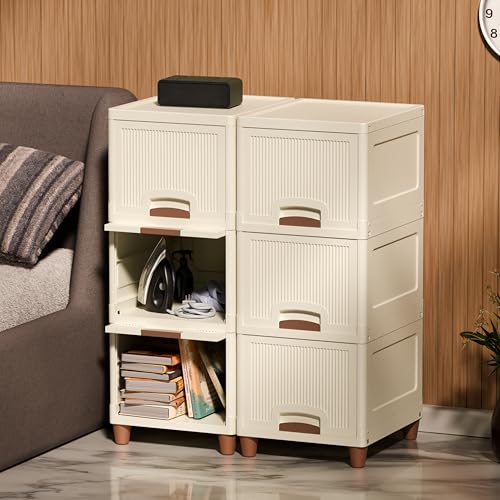 Image of Amazon Basics Multi-Purpose Organizer | Modular Storage Box for Clothes, Kitchen, Bedroom & Living Room | Stackable Rack, Space-Saving Wardrobe Cabinet (Off White), 6 Piece, Plastic