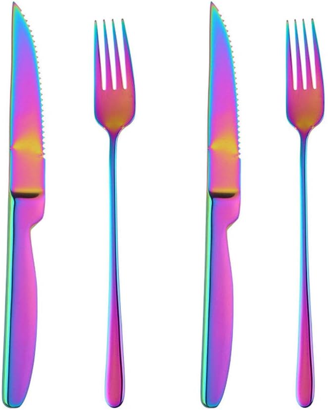 BISDARUN Steak Cutlery Sets Rainbow Serrated Steak Knives and Forks Set