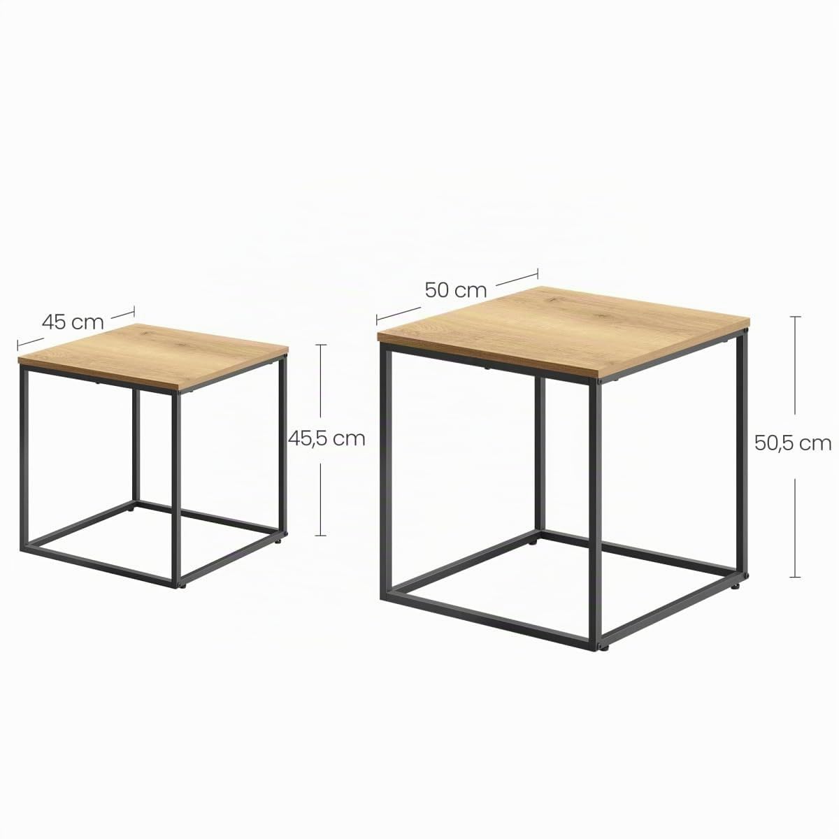 Mesa de Centro 50x50 cm, Juego de 2 mesas Nido cuadradas Efecto Roble, Patas de Metal Negro, diseño Industrial Ahorra Espacio para salón y Dormitorio