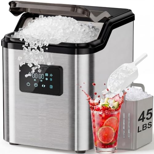 Image of Landeagle Nugget Ice Makers Countertop,Portable Pebble Ice Machine with Crushed Ice,45lbs /Day Soft Pellet Ice Maker Stainless with 24H Timer, Self-Cleaning Chewable Sonic Ice for Home,Kitchen,Office