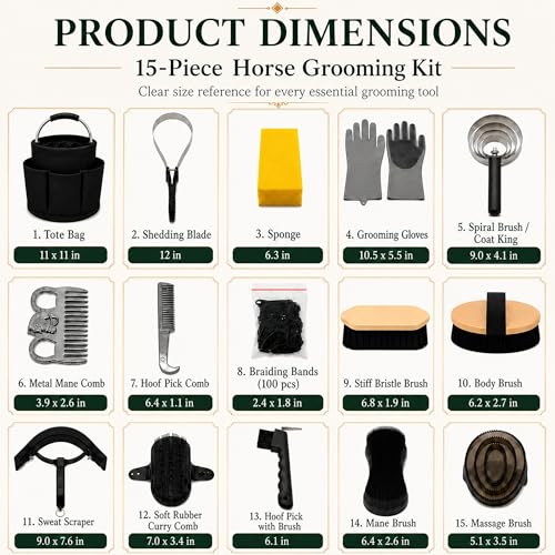 Horse Grooming Kit, 15-Piece Horse Brush Set with Tote Bag, Long Shedding Blade, Hoof Pick, Curry Comb, Sweat Scraper, Mane and Tail Comb, Gloves, Equine Grooming Supplies, Black - Image 6