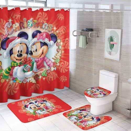 PHINTORY Cartoon Maus Weihnachten Frohe Duschvorhang-Sets, 4-teiliges Badezimmer-Set, wasserdichte...