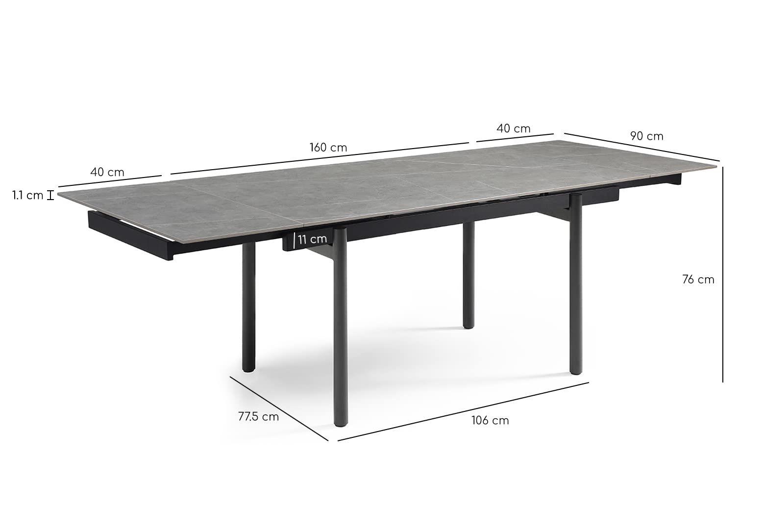 Meubletmoi Table de Repas Extensible 160/240 cm en céramique Gris marbré Mat et 4 Pieds Droits métal Noir - Arizona 09