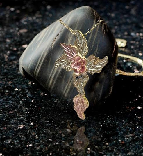10k Yellow Gold 3D Rose Cross Pendant Necklace for Women, Teen Girls, 12k Green and Rose Gold Flower Accents with Jewelry Box and 18 Inches Chain3