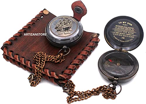 Brújula de latón con botón y funda de cuero portátil miniatura 3