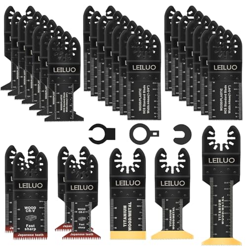 LEILUO 32 Pcs Titanium Multi Tool Blades Kits for Wood Nails Drywall Cutting Oscillating Tool Accessories with Storage Bag Compatible with DeWalt Makita Dremel and More