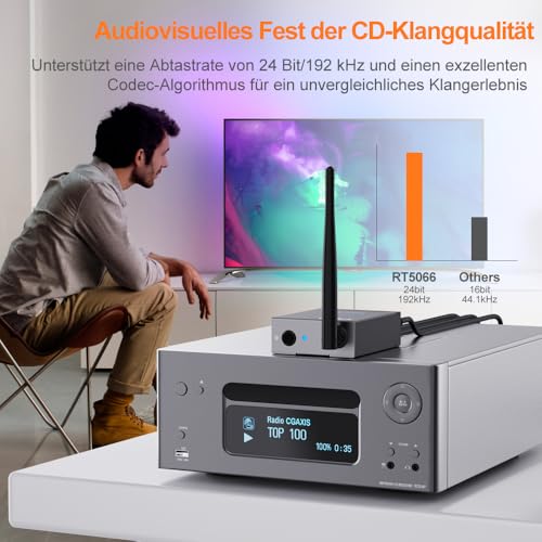 YMOO 2,4GHz Audio funkübertragung Sender Empfänger Kit, Cinch 3.5mm Klinke Audio Adapter, 20ms niedrige Latenz, 48kHz/24Bit HiFi Stereo für TV/PC zu Lautsprecher/CD Player/Amp,320 Fuß – Bild 3
