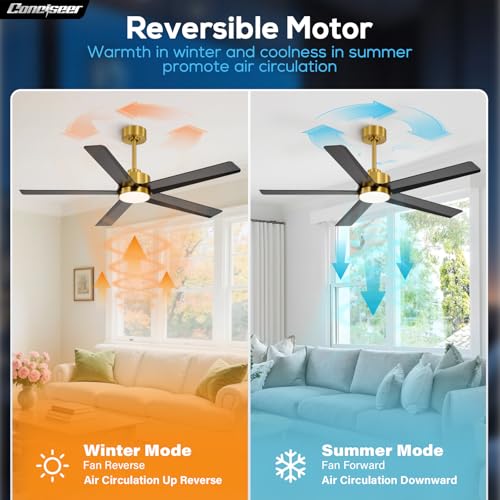 Image of Conciseer 52 Inch Ceiling Fans with Lights and Remote for Bedroom Living Room Kitchen Office, Indoor /Outdoor Use, 3CCT Dimmable, 5 Blades 6 Speed Reversible Quiet DC Motor, Gold /Black